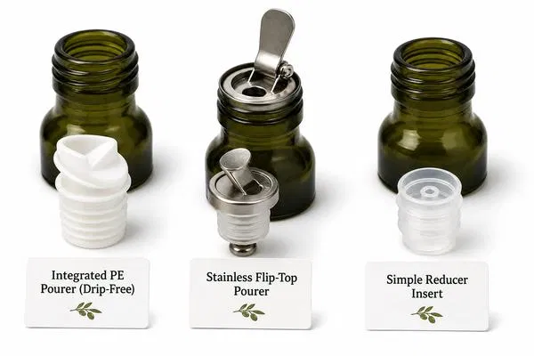 Three olive oil bottle pourer insert types comparison: integrated PE drip-free Guala pourer, stainless steel flip-top pourer, and simple PE reducer insert with antique green glass bottle necks