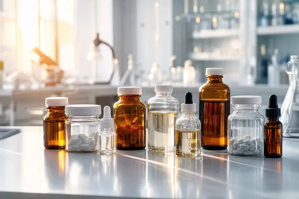 A collection of clear and amber pharmaceutical glass bottles arranged on a laboratory bench