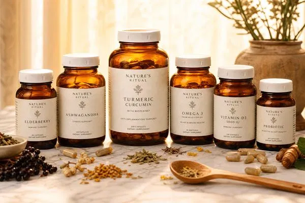 Premium amber glass supplement bottles of varying sizes with child-resistant white caps, organic capsules and dried herbs on white marble — wholesale pharmaceutical glass packaging