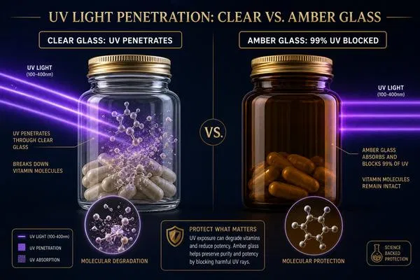 UV light penetration comparison: clear glass pill bottle showing UV rays breaking down vitamin molecules vs amber glass bottle blocking 99% of UV — photodegradation science