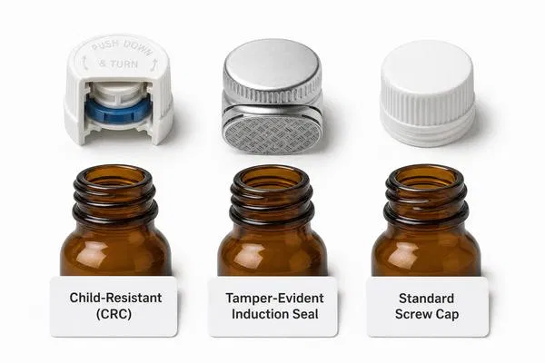 Three pharmaceutical amber glass bottle closure types comparison: child-resistant CRC push-and-turn cap, tamper-evident induction seal aluminum cap, and standard screw cap