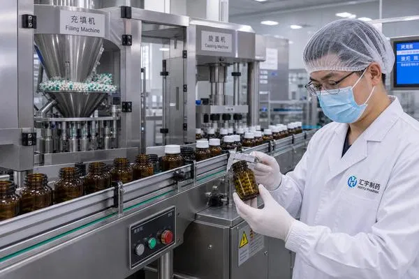 Automated amber glass pill bottle filling and capping production line in a pharmaceutical factory — quality control technician measuring bottle dimensions with precision caliper