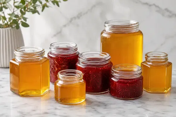 A diverse collection of premium clear glass honey and jam jars displayed on a clean white marble surface