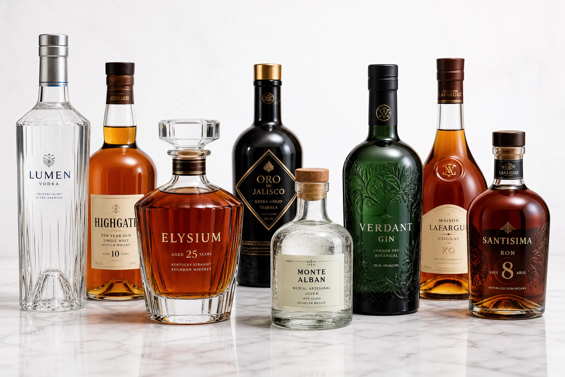Premium product showcase of diverse high-end glass liquor bottles including vodka, whiskey, gin and mezcal on white marble