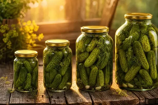 A lineup of premium clear glass pickle jars in various sizes, filled with cucumbers and sealed with gold lug caps, displayed on a wooden table