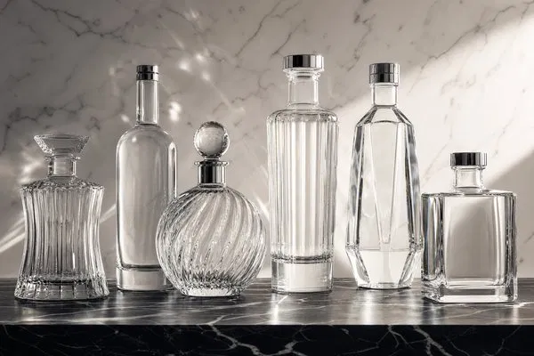 A curated selection of premium spirit bottles in super flint glass displayed on a dark marble surface with dramatic side lighting