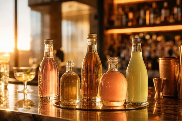 premium RTD cocktail glass bottles on bar counter