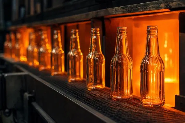 Glass bottles moving through a high-temperature annealing lehr on a manufacturing production line