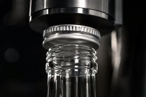 Close-up of a spirit bottle neck finish with ROPP cap being applied, showing thread profile and sealing surface