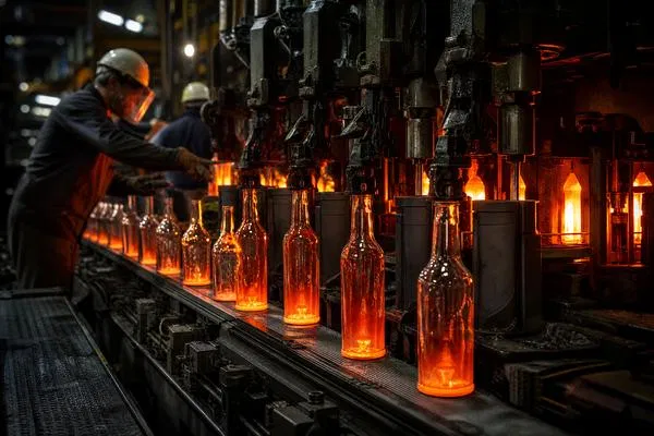 Glass bottle production line with molten glass being formed, showing the high-purity raw materials used in super flint manufacturing