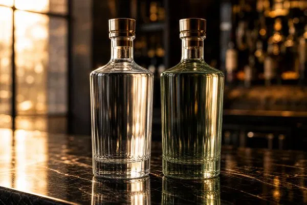 Two premium spirit bottles side by side on a marble surface — one super flint with crystal clarity, one high flint with a subtle green tint