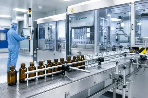 European pharmaceutical glass bottle manufacturing facility showing amber oral liquid bottles on a conveyor belt