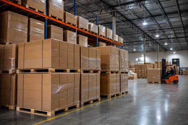 A large warehouse storage facility showing pallets of boxed glass pill bottles ready for wholesale distribution