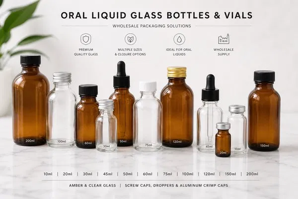 A diverse collection of wholesale oral liquid glass bottles and vials with various closures