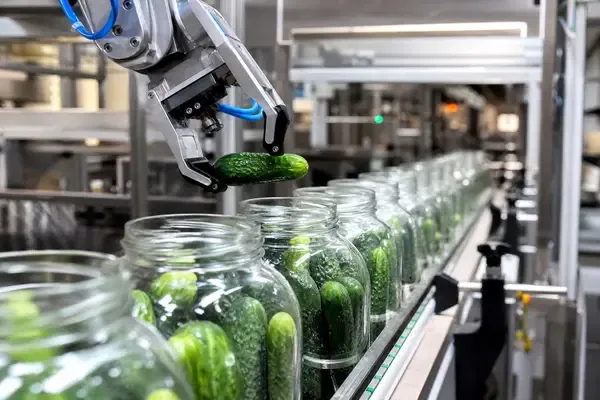 Industrial view of a wide-mouth glass jar being filled with fresh cucumbers on an automated production line before the pickling brine is added