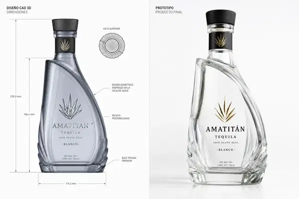A 3D CAD rendering of an asymmetric, agave-inspired sculptural tequila bottle next to a physical glass prototype