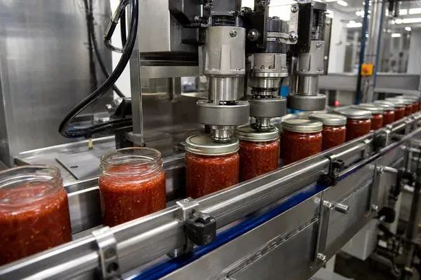 High-speed automated capping machine applying metal lug caps to wide-mouth glass jars on a production line