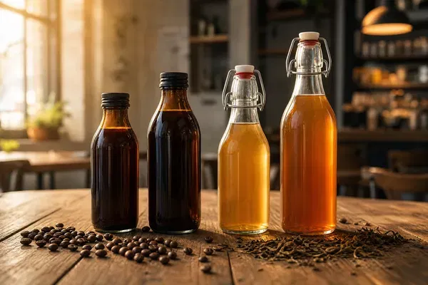 Cold brew coffee and kombucha glass bottles arranged on a wooden table in a cafe setting