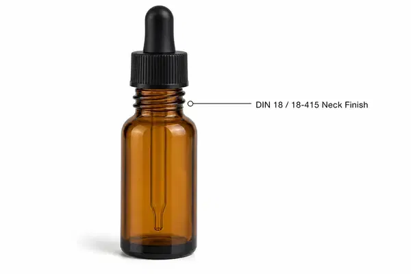 Technical diagram showing the DIN 18 neck finish on a 30ml glass dropper bottle