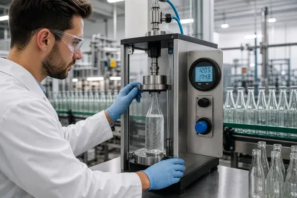Quality control pressure testing of glass bottles in a manufacturing facility