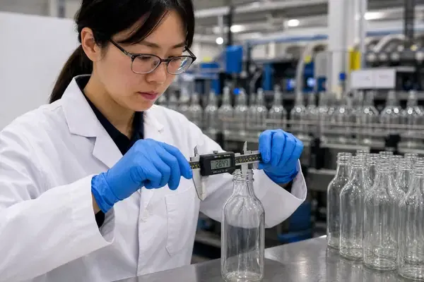 Factory quality control inspector measuring glass bottle dimensions with digital calipers on a production line