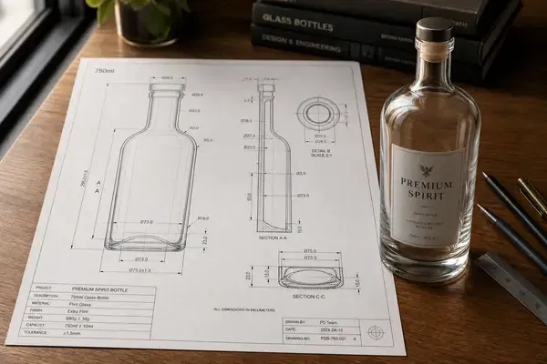 A glass bottle technical drawing blueprint on a desk next to a clear glass spirit bottle