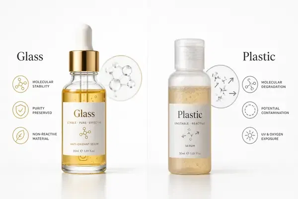 Comparison showing the chemical stability of glass serum bottles versus plastic containers