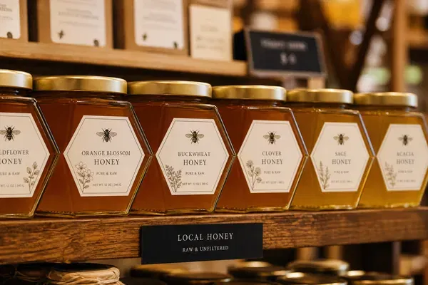 Premium retail shelf display showing hexagon glass honey jars tessellating perfectly to maximize space