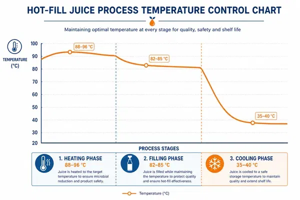 Temperature control chart for hot fill juice process showing heating, filling, and cooling phases
