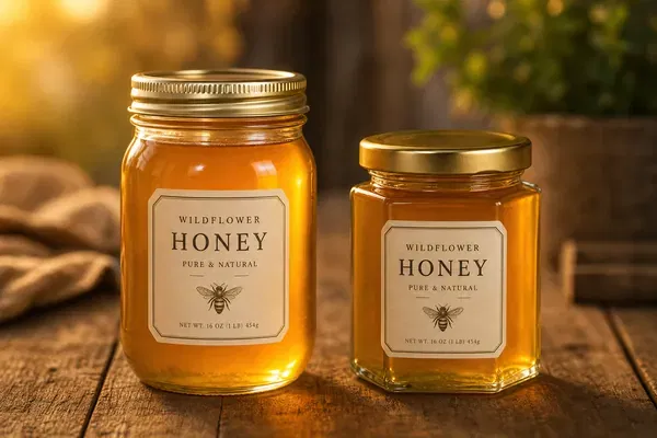 Side-by-side comparison of a classic wide-mouth mason jar and a modern hexagon glass jar filled with premium golden honey