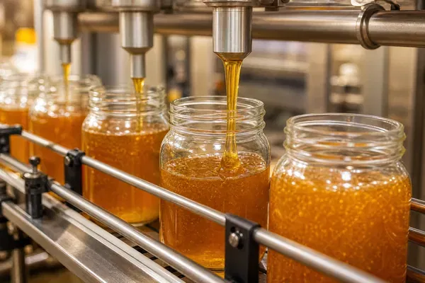 Industrial production line showing golden honey being filled into wide-mouth mason jars