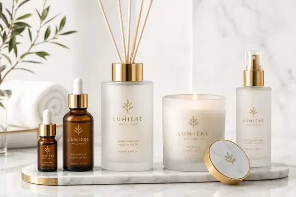 Studio shot on white marble of a coordinated spa glass collection with matching amber bottles, diffuser vessel and frosted candle jar