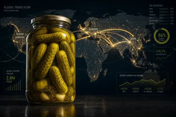 Global trade visualization of glass pickle jars highlighting international manufacturing and export routes