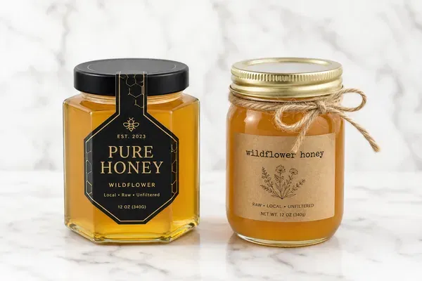 Clean studio comparison of branding label designs on a hexagon glass jar versus a classic mason jar