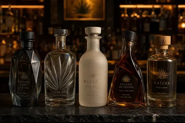 A collection of ultra-premium custom tequila glass bottles with sculptural designs on a dark luxury bar counter