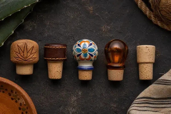 Close-up of premium tequila bottle closures including carved agave wood, leather-wrapped cork, and hand-painted ceramic stoppers