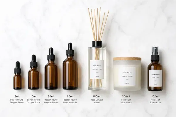 Product line matrix showing amber essential oil bottles, reed diffuser vessels, candle jars and spray bottles for a spa brand