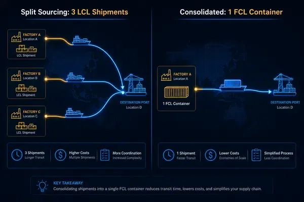 Data visualization comparing fragmented multi-supplier logistics routes versus one consolidated container shipment