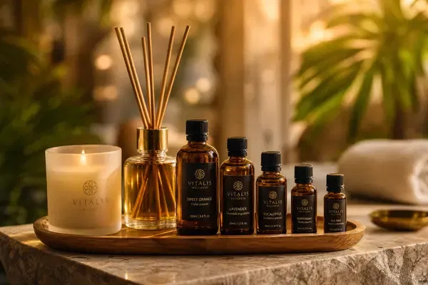Spa treatment room at golden hour with amber glass oil bottles, reed diffuser and candle vessels arranged on a wooden tray