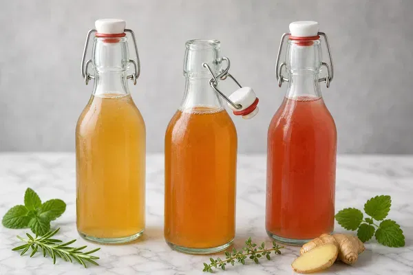 Swing-top glass kombucha bottles showing pressure-rated closures