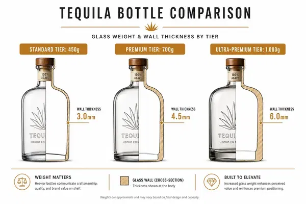 Infographic comparing glass wall thickness and weight across standard, premium, and ultra-premium tequila bottle tiers