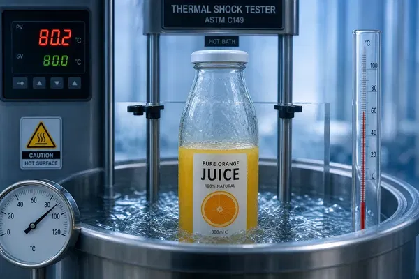 Thermal shock resistance testing of glass bottles in a laboratory