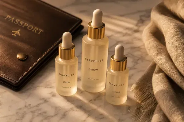 15ml and 30ml glass serum bottles arranged next to a passport and travel accessories
