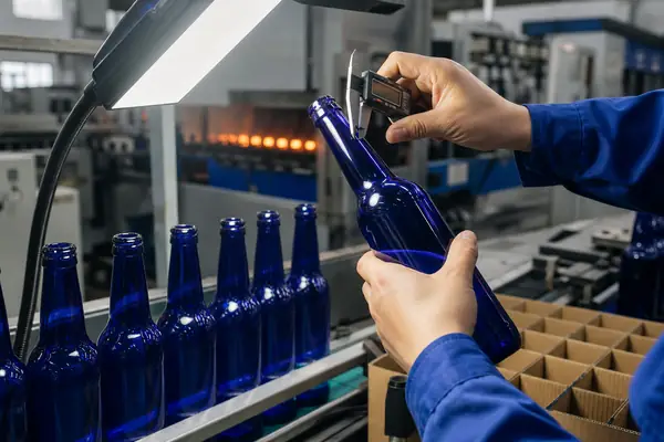 Cobalt blue glass beer bottles moving through inspection on a Chinese glass factory line