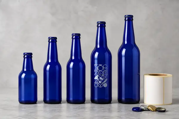 250ml, 330ml and 500ml cobalt blue beer bottles shown side by side for size comparison