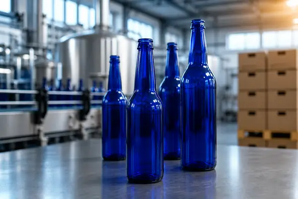 Cobalt blue glass beer bottles lined up on a brewery packaging line at golden hour