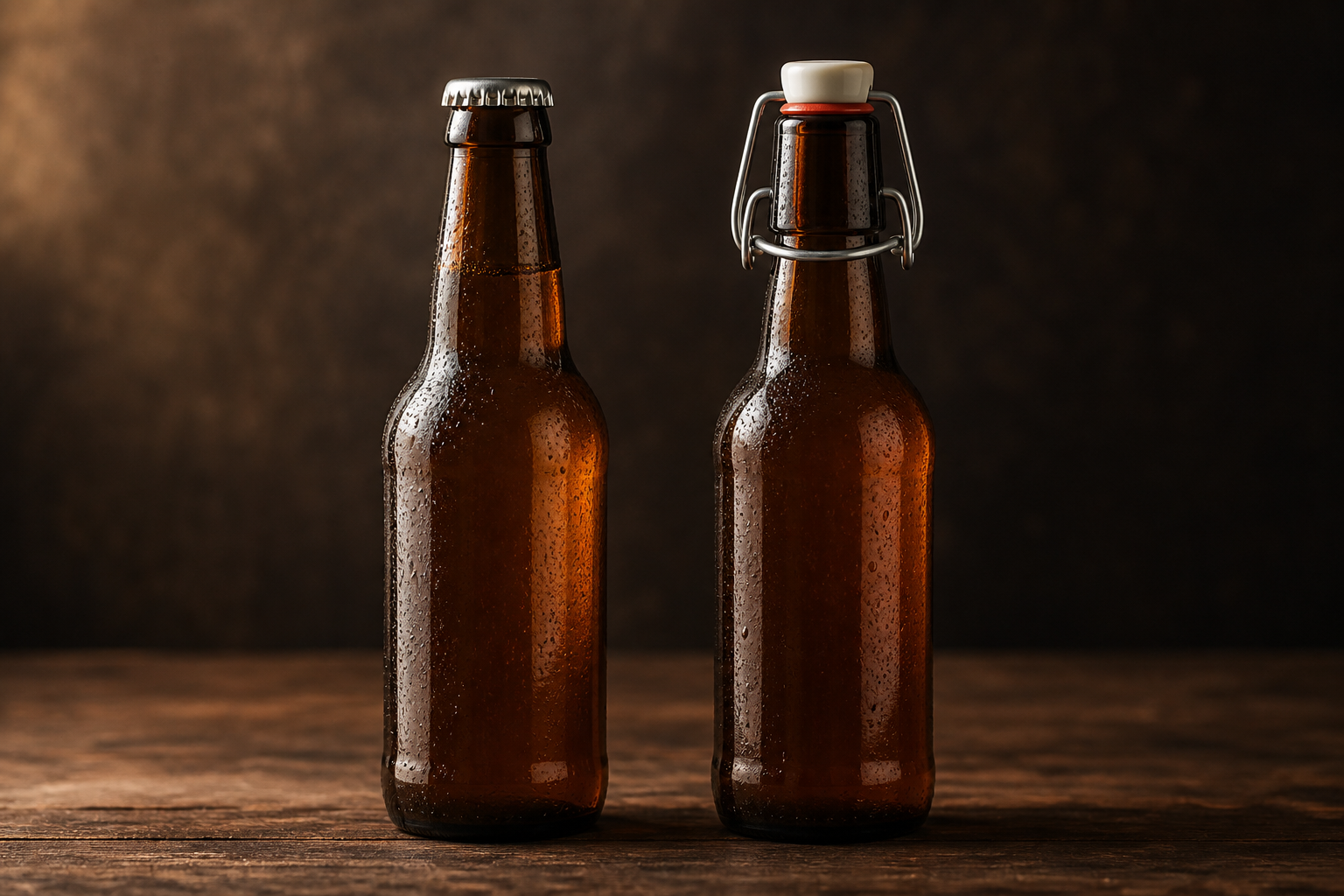 Crown cap beer bottle and swing top beer bottle side by side showing both closure systems