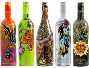 Five glass wine bottles decorated with full-wrap multi-color printed artwork